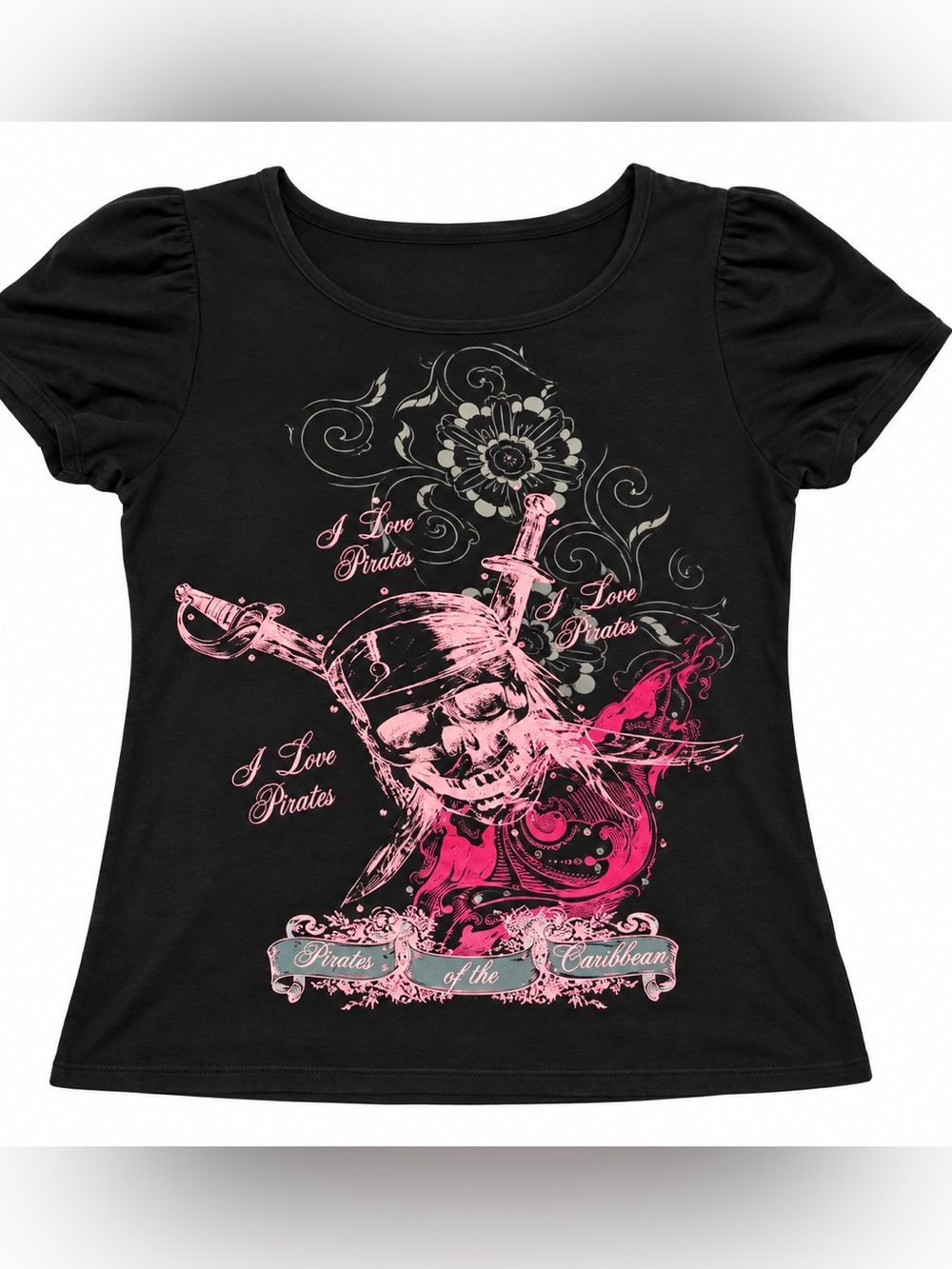 Disney Pirates Black Tee with Pink Skull accents